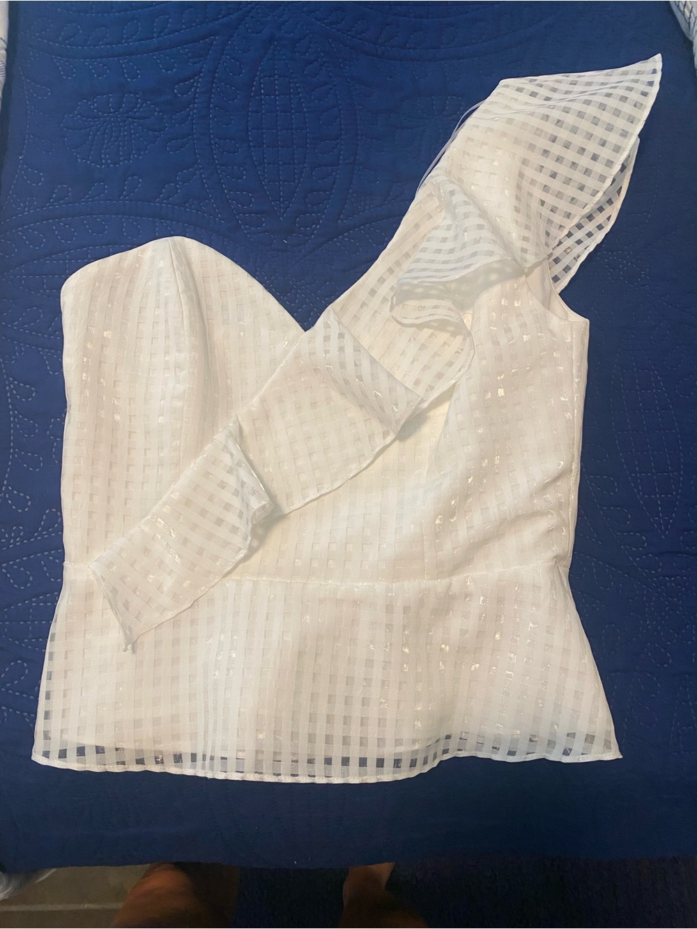 Amanda Uprichard White One-Shoulder Ruffle Grid Camisole